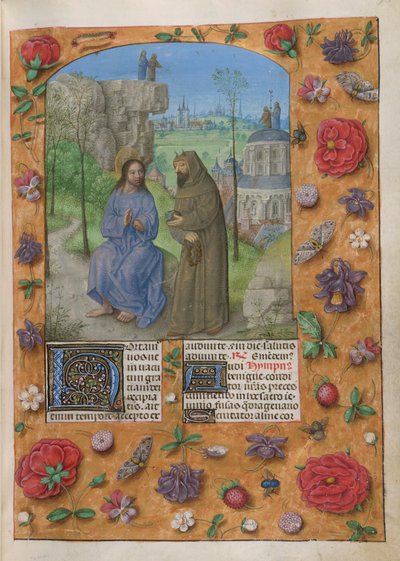 Verzoeking van Christus. De Temporale; Vasten 1. Christus met de duivel, gekleed als monnik, die een steen vasthoudt. Achter, de andere verzoekingen; Christus en de duivel op een rots, en op de koepel van de Tempel. Tekst met versierde initiaal 