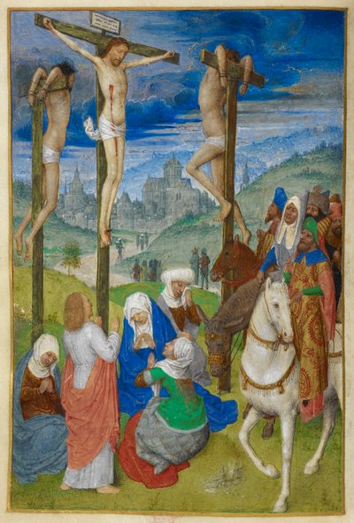 De Kruisiging. Uren van het Kruis. Christus aan het kruis tussen de twee dieven, met verschillende figuren; drie te paard. St. Johannes staat, en de Maagd en drie Maria
