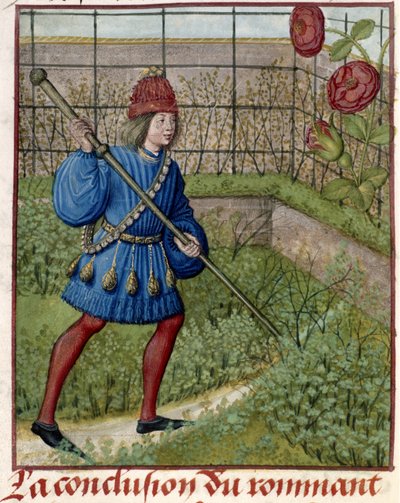 De minnaar verzorgt de roos in de tuin door Master of the Dresden Prayer Books