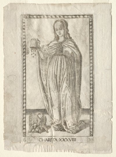 Liefdadigheid uit de Tarocchi, serie B: Kosmische principes & deugden, #38, voor 1467 door Master of the E Series Tarocchi