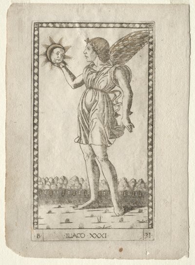 Genius van de Zon uit de Tarocchi, serie B: Kosmische Principes & Deugden, #31, voor 1467 door Master of the E Series Tarocchi