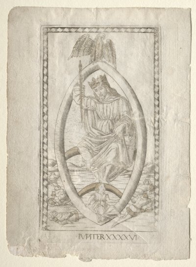 Jupiter uit de Tarocchi, serie A: Firmamenten van het Universum, #46, voor 1467 door Master of the E Series Tarocchi