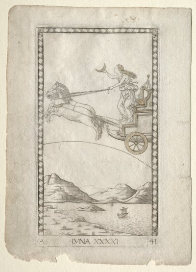Luna uit de Tarocchi, serie A: Firmamenten van het Universum, #41, voor 1467 door Master of the E Series Tarocchi