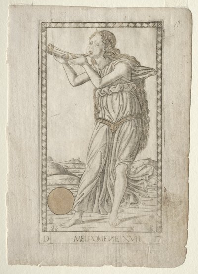 Melpomene tragedie uit de Tarocchi-serie D: Apollo en de Muzen, #17, voor 1467 door Master of the E Series Tarocchi