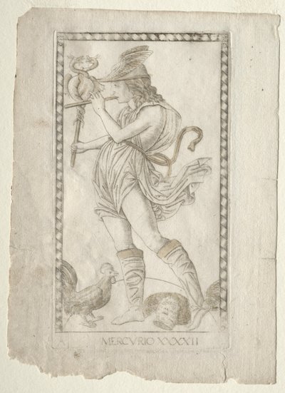 Mercurius uit de Tarocchi, serie A: Firmamenten van het universum, #42, voor 1467 door Master of the E Series Tarocchi