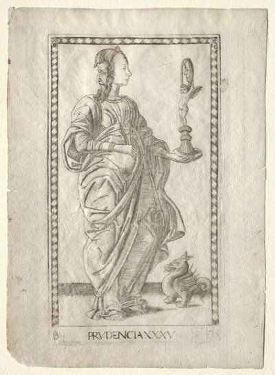 Voorzichtigheid uit de Tarocchi, serie B: Kosmische principes & deugden, #35, voor 1467 door Master of the E Series Tarocchi