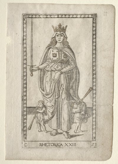 Retoriek uit de Tarocchi, serie C: Vrije Kunsten, #23, voor 1467 door Master of the E Series Tarocchi