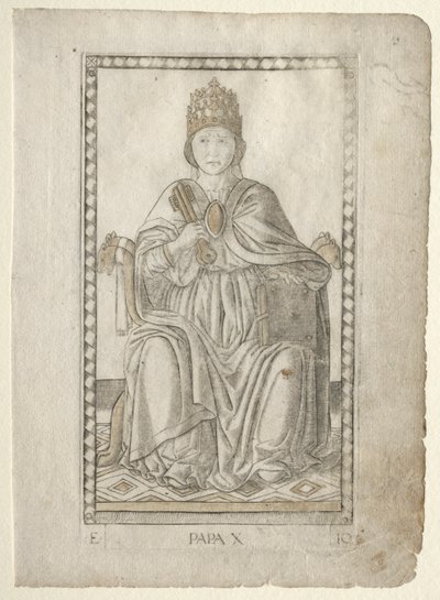 De Paus uit de Tarocchi, serie E: Condities van de Mens, #10, voor 1467 door Master of the E Series Tarocchi