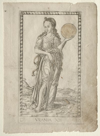 Urania astronomie uit de Tarocchi-serie D: Apollo en de Muzen, #12, voor 1467 door Master of the E Series Tarocchi