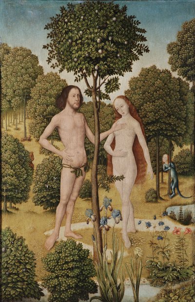 Adam en Eva in de Hof van Eden door Master of the Embroidered Foliage