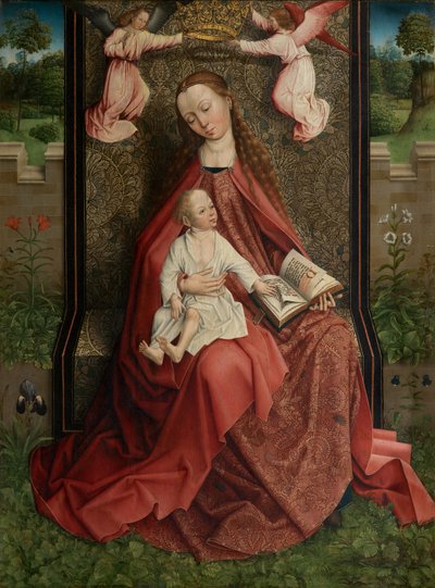Madonna gekroond door engelen door Master of the Embroidered Foliage