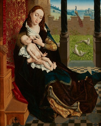 Verpleegkundige Madonna door Master of the Embroidered Foliage