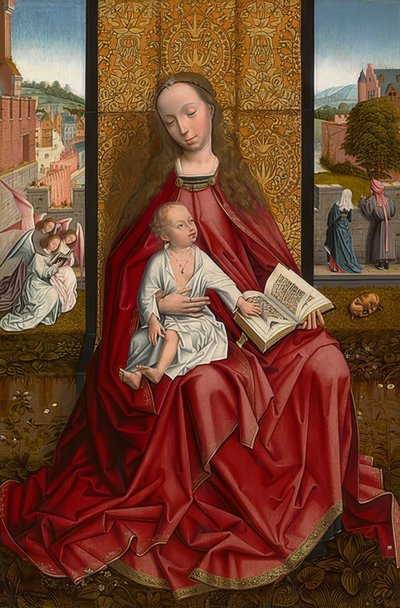 Troonende Maria met het kind. Circa 1500 door Master of the Embroidered Foliage