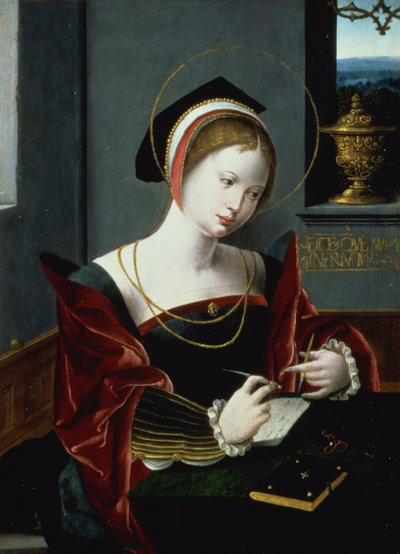 Portret van een dame die schrijft door Master of the Female Half Lengths