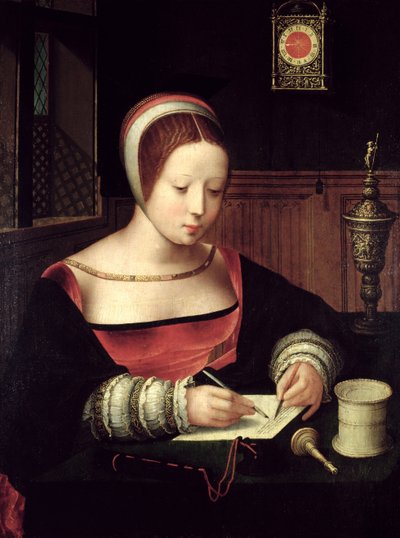 St. Maria Magdalena schrijft door Master of the Female Half Lengths