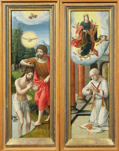De doop van Christus en St. Ildefonso: een paar altaarstukvleugels door Master of the Female Half Lengths