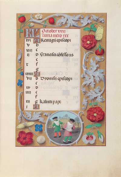 Getijdenboek van Koningin Isabella de Katholieke, Koningin van Spanje: Fol. 11r, Oktober, c. 1500 door Master of the First Prayerbook of Maximillian
