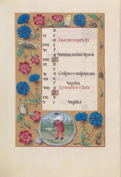 Uren van Koningin Isabella de Katholiek, Koningin van Spanje: Fol. 11v, oktober, ca. 1500 door Master of the First Prayerbook of Maximillian