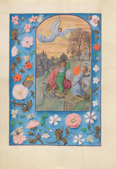 Uren van Koningin Isabella de Katholieke, Koningin van Spanje:  Fol. 131v, Annunciatie aan de herders door Master of the First Prayerbook of Maximillian