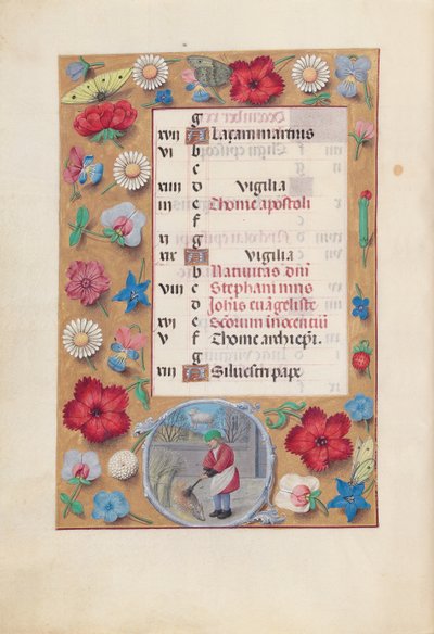 Getijdenboek van Koningin Isabella de Katholieke, Koningin van Spanje: Fol. 13v, december, ca. 1500 door Master of the First Prayerbook of Maximillian