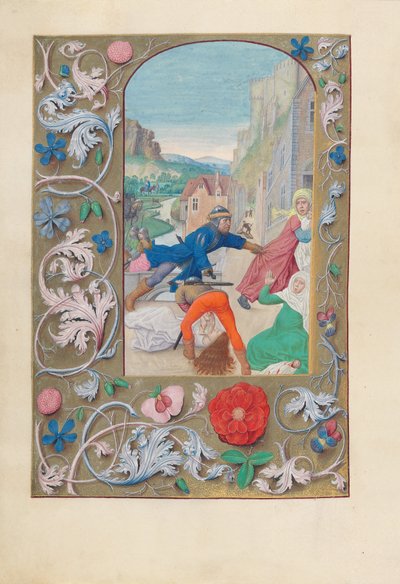 Uren van Koningin Isabella de Katholieke, Koningin van Spanje:  Fol. 146v, Afslachting van de onschuldigen en vlucht naar Egypte door Master of the First Prayerbook of Maximillian