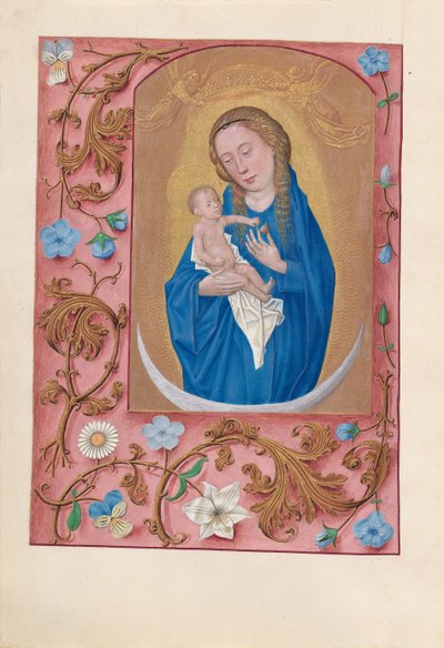 Getijdenboek van Koningin Isabella de Katholieke, Koningin van Spanje: Fol. 159v, Vrouw Gekleed in de Zon, ca. 1500 door Master of the First Prayerbook of Maximillian