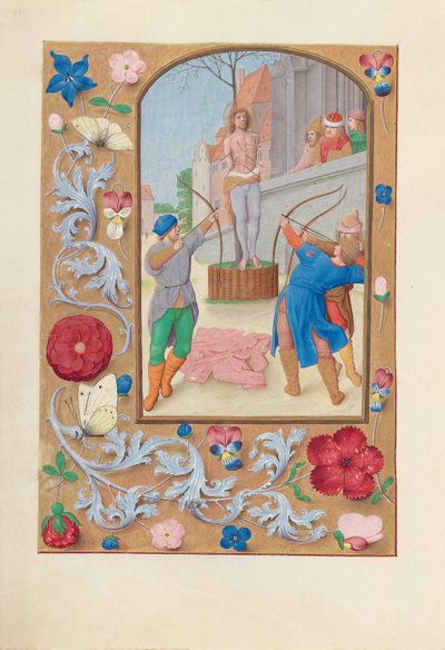 Getijdenboek van koningin Isabella de Katholieke, koningin van Spanje: Fol. 177v, St. Sebastian door Master of the First Prayerbook of Maximillian