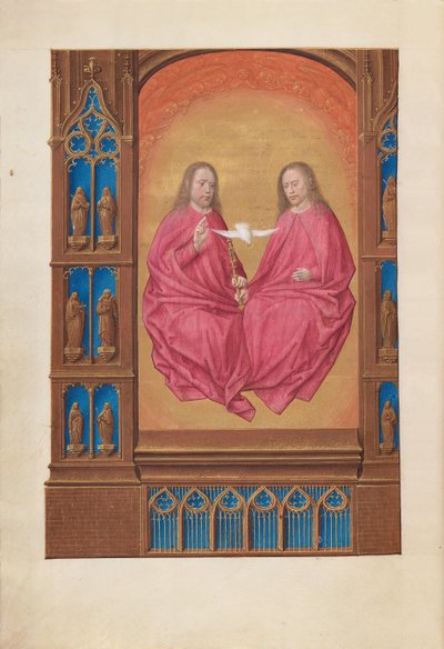 Getijdenboek van koningin Isabella de Katholieke, koningin van Spanje: Fol. 17v, De Drie-eenheid, ca. 1500 door Master of the First Prayerbook of Maximillian