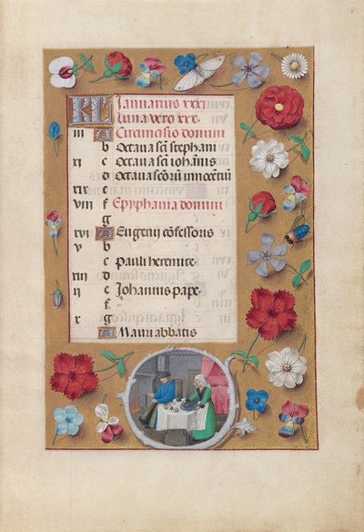 Uren van Koningin Isabella de Katholieke, Koningin van Spanje:  Fol. 2r, januari - Feest door Master of the First Prayerbook of Maximillian