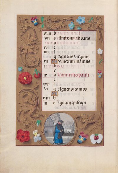 Getijdenboek van Koningin Isabella de Katholieke, Koningin van Spanje: Fol. 2v, Januari - Sneeuwlandschap door Master of the First Prayerbook of Maximillian