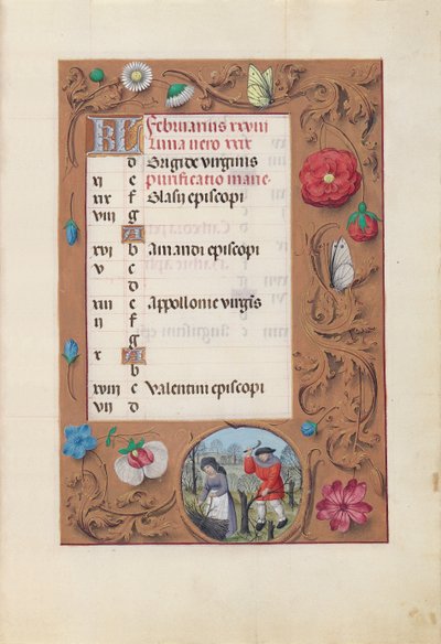 Getijdenboek van Koningin Isabella de Katholieke, Koningin van Spanje: Fol. 3r, Februari, ca. 1500 door Master of the First Prayerbook of Maximillian