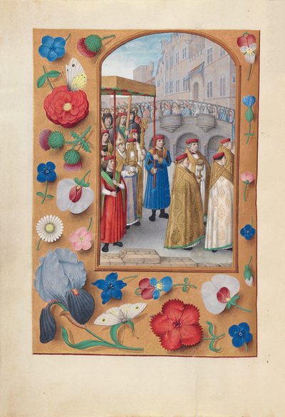 Uren van Koningin Isabella de Katholieke, Koningin van Spanje:  Fol. 43v, Sacramentsprocessie door Master of the First Prayerbook of Maximillian