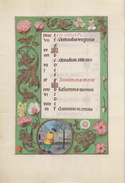 Getijdenboek van koningin Isabella de Katholieke, koningin van Spanje: Fol. 4v, maart, ca. 1500 door Master of the First Prayerbook of Maximillian