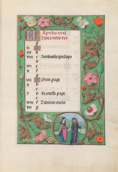 Getijdenboek van koningin Isabella de Katholieke, koningin van Spanje: Fol. 5r, april - Schildknaap en jonkvrouw door Master of the First Prayerbook of Maximillian