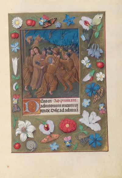 Getijdenboek van koningin Isabella de Katholieke, koningin van Spanje: Fol. 61r, Kus van Judas, ca. 1500 door Master of the First Prayerbook of Maximillian