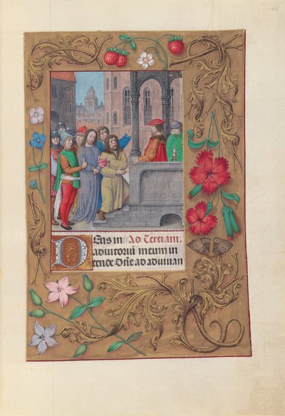 Uren van Koningin Isabella de Katholieke, Koningin van Spanje:  Fol. 63r, Christus voor Pilatus door Master of the First Prayerbook of Maximillian
