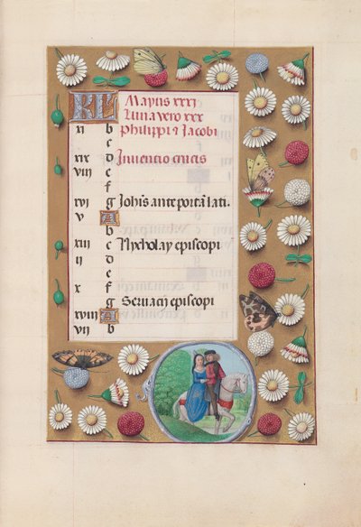 Uren van koningin Isabella de Katholieke, koningin van Spanje: Fol. 6r, mei, ca. 1500 door Master of the First Prayerbook of Maximillian