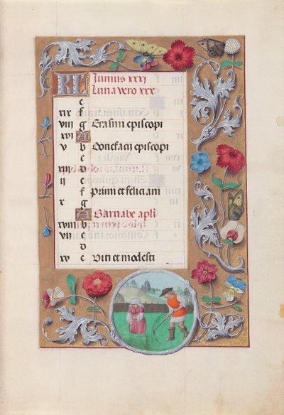 Uren van Koningin Isabella de Katholieke, Koningin van Spanje: Fol. 7r, juni, ca. 1500 door Master of the First Prayerbook of Maximillian