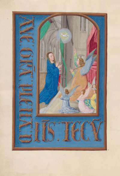 Uren van Koningin Isabella de Katholieke, Koningin van Spanje: Fol. 97v, Aankondiging, ca. 1500 door Master of the First Prayerbook of Maximillian