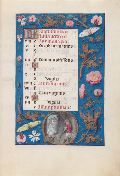 Uren van koningin Isabella de Katholieke, koningin van Spanje: Fol. 9r, Augustus - Tarwe dorsen door Master of the First Prayerbook of Maximillian