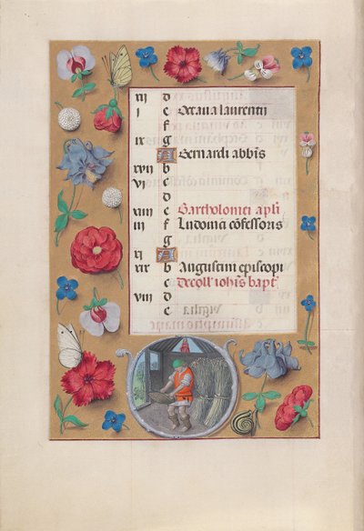Getijdenboek van koningin Isabella de Katholieke, koningin van Spanje: Fol. 9v, augustus, ca. 1500 door Master of the First Prayerbook of Maximillian