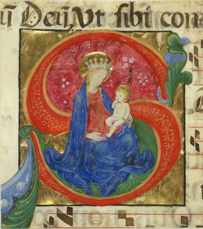 Manuscriptverlichting met de Maagd en Kind in een Initiaal S, uit een Antifonarium, midden 15e eeuw door Master of the Franciscan Breviary