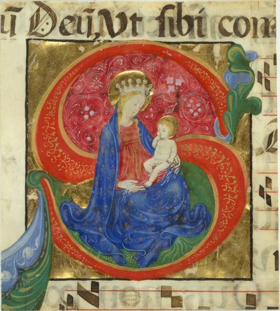 Manuscriptverlichting met de Maagd en Kind in een Initiaal S..., midden 15e eeuw door Master of the Franciscan Breviary