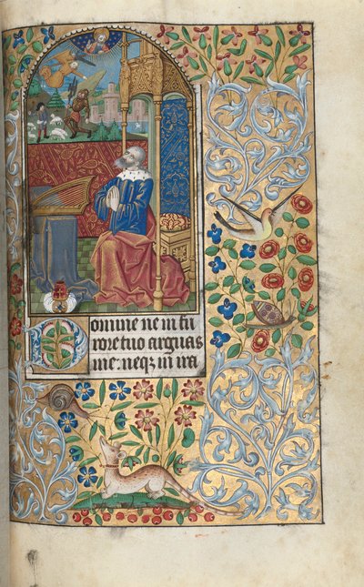 Getijdenboek (gebruik Rouen): fol. 80r, Opening boetepsalmen, David boetvaardig, in de verte David die Goliath doodt door Master of the Geneva Latini