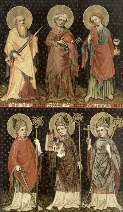 Zes heiligen door Master of the Holy Barefoot Altarpiece