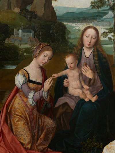 Detail (centraal paneel van de Maagd en Kind met St. Catherine en St. Barbara, c.1520-25) door Master of the Holy Blood
