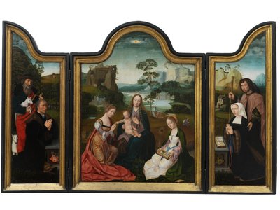 Maagd en Kind met St. Catherine en St. Barbara door Master of the Holy Blood