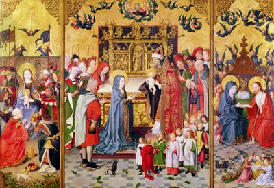 Altaarstuk van de Zeven Vreugden van de Maagd, met de Aanbidding der Wijzen, de Presentatie in de Tempel en Christus die aan Maria verschijnt, c.1480 door Master of the Holy Family