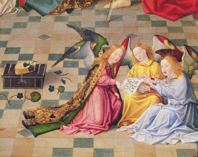 Engel muzikanten van het rechterpaneel van het altaarstuk van de Zeven Vreugden van de Maagd, ca. 1480 (detail) door Master of the Holy Family