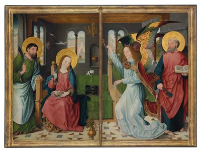 De Annunciatie, met heiligen Bartholomeus en Petrus, twee vleugels van een altaarstuk door Master of the Holy Kinship